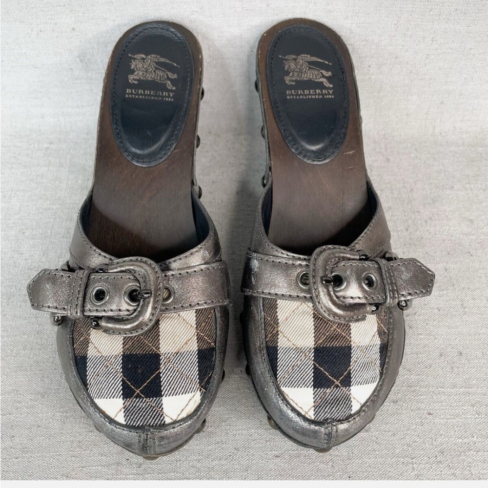 Burberry Women’s Size 8 Studded Buckle Clogs Metallic Leather